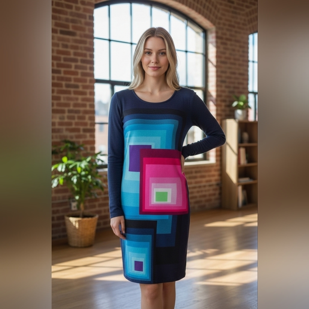 NWOT Desigual Ymanga Knit Dress Geometric Square Multi Color Navy 🔵 Bodycon.